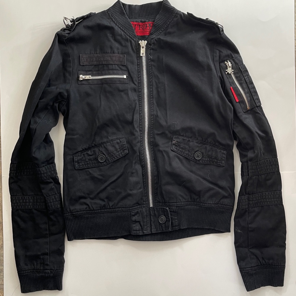 💀TRIPP💀 Black Jacket with D-Ring Shoulders, Skull Zipper, Goth, Military Style